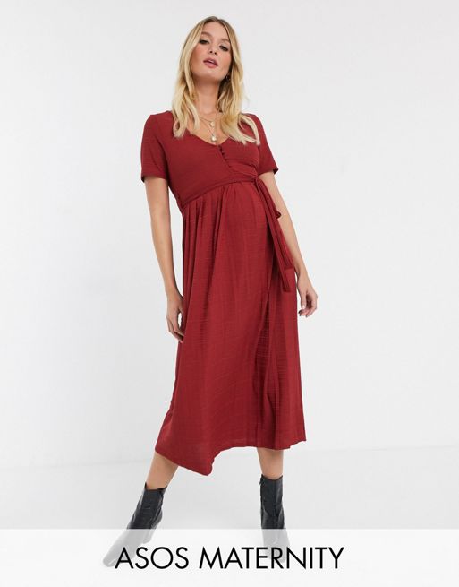 Asos Design Maternity Textured V Neck Midi Dress With Pleated Skirt Asos 