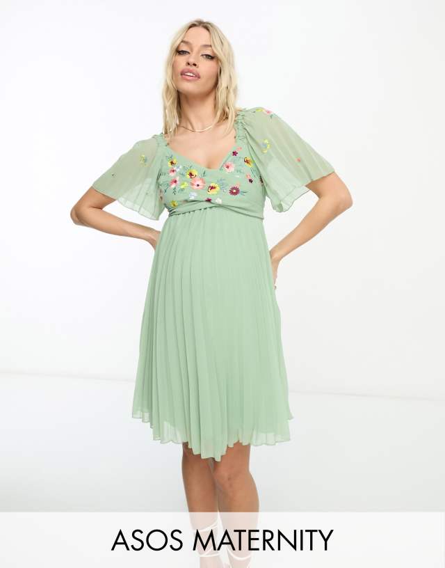 ASOS Maternity - ASOS DESIGN Maternity tie back angel sleeve pleated mini dress with embroidered bust in sage green