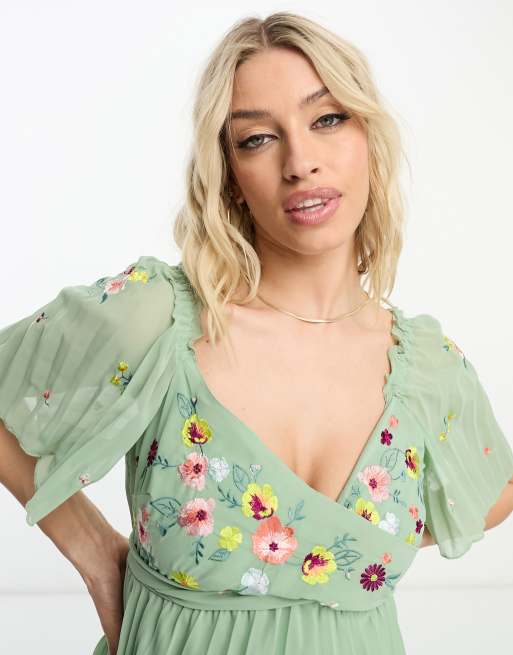 ASOS DESIGN Maternity tie front button through midi dress with floral  embroidery in forest green