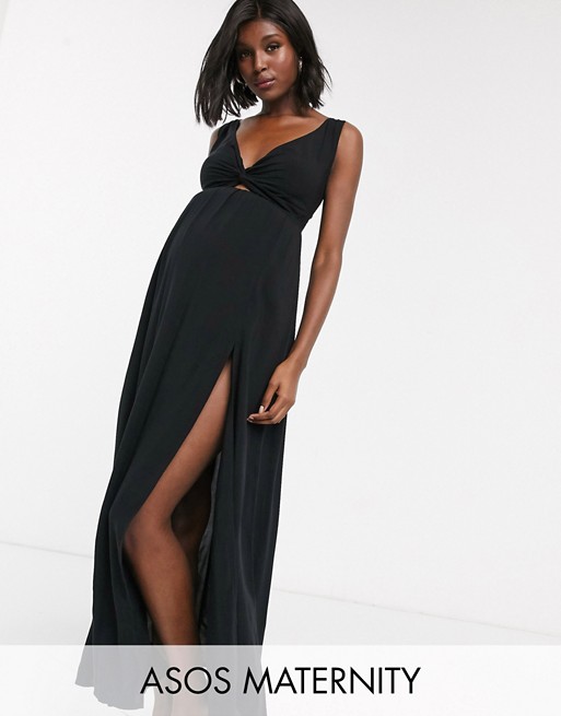 ASOS DESIGN MATERNITY tie back beach maxi dress with twist front detail in black