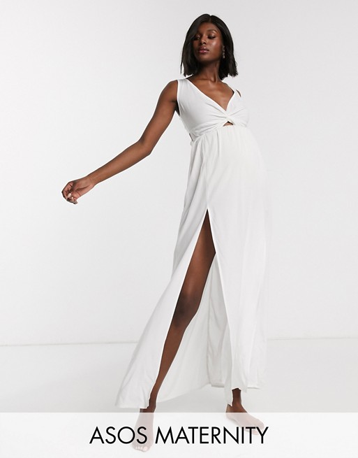 ASOS DESIGN MATERNITY tie back beach maxi dress with twist front detail in white