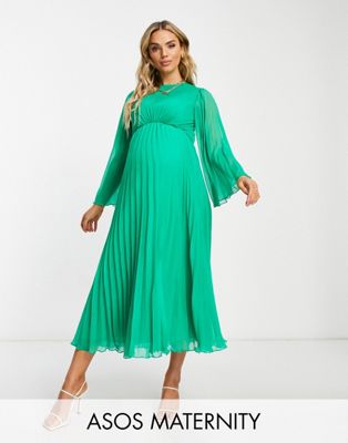 ASOS DESIGN Maternity tie back fluted sleeve pleated midi dress in emerald green
