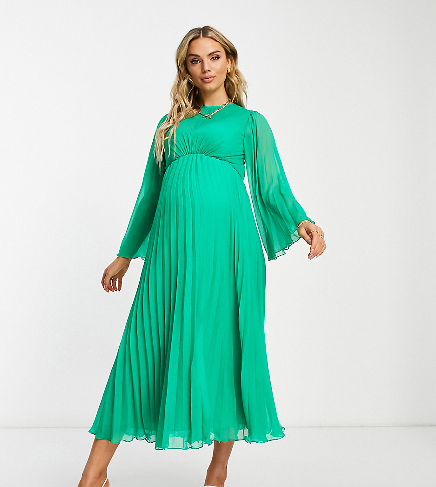 ASOS Maternity ASOS DESIGN Maternity tie back fluted sleeve pleated midi dress in emerald green