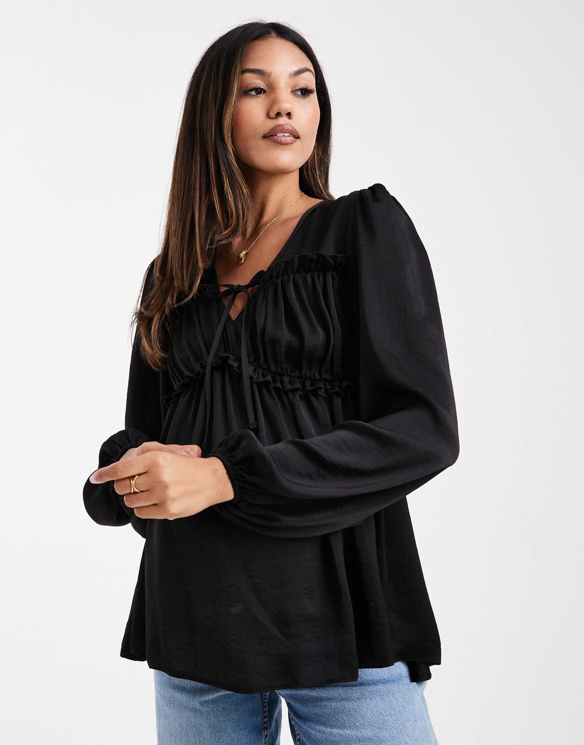 asos design maternity tie front blouse with ruched detail in black