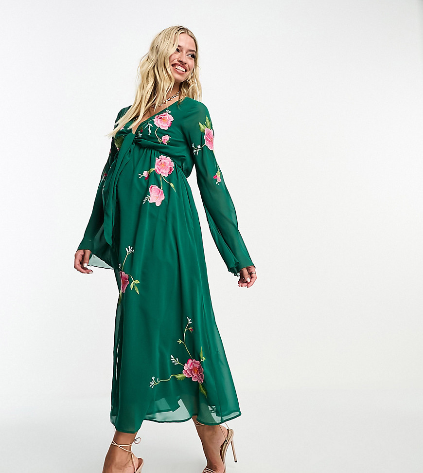 ASOS DESIGN Maternity tie front button through midi dress with floral embroidery in forest green
