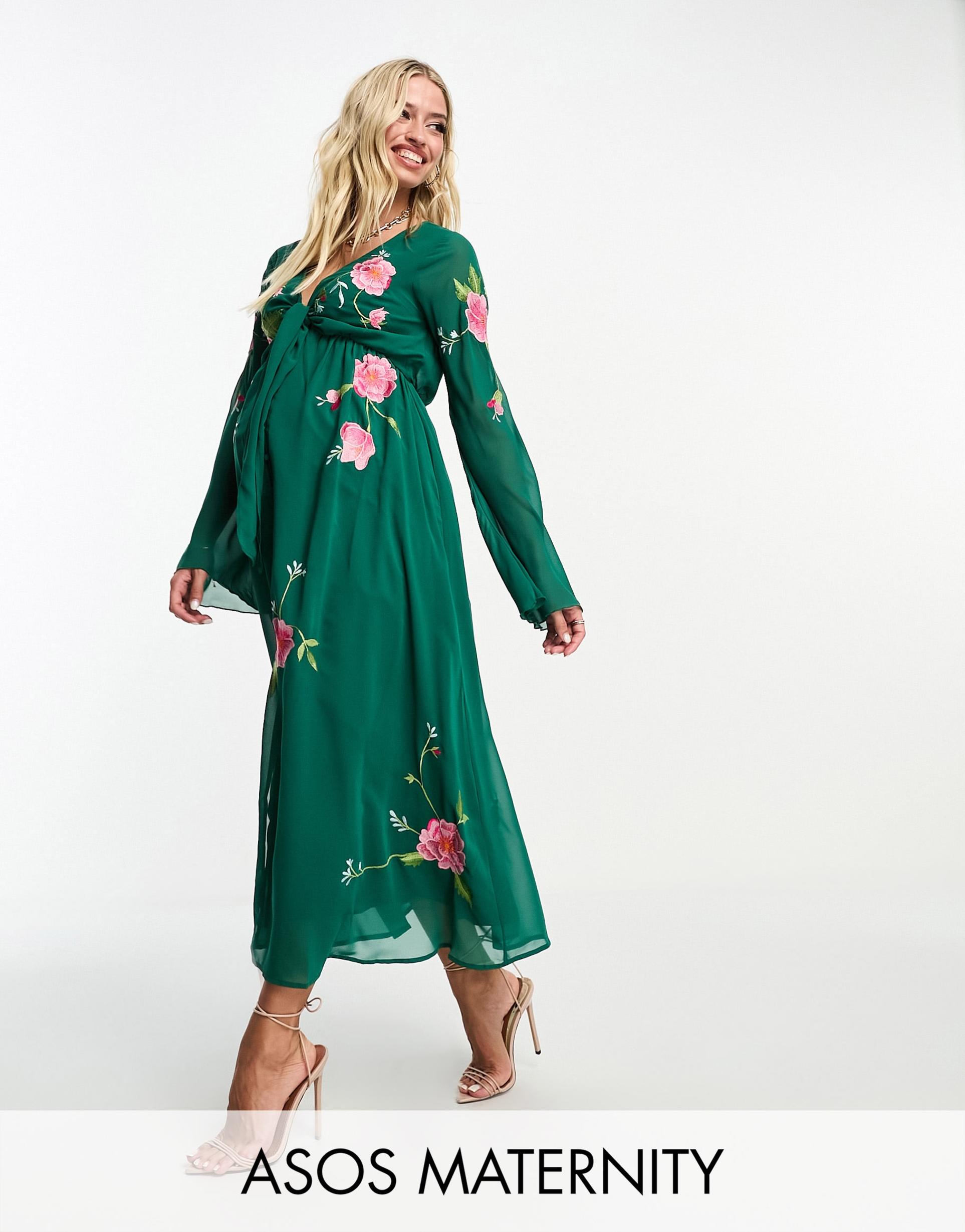 asos design maternity tie front button through midi dress with floral embroidery in forest green