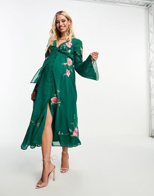 ASOS DESIGN maternity floral embroidered midi dress with lace insert and  satin tie detail in sage