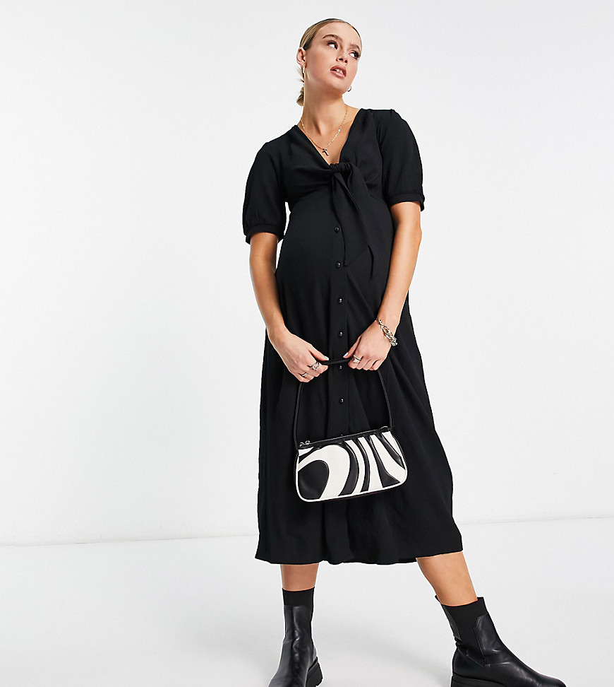 Asos Maternity Asos Design Maternity Tie Front Button Up Midi Dress In Black