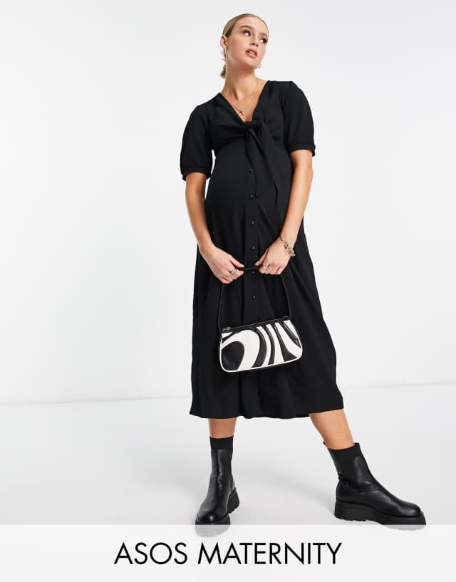 ASOS DESIGN Maternity tie front button up midi dress in black