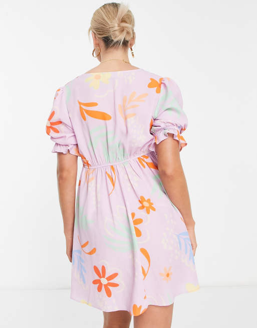 ASOS DESIGN Maternity tie front mini tea dress with godets in lilac floral, 2 of 4