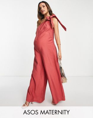 ASOS DESIGN maternity tie one shoulder linen jumpsuit in red brick