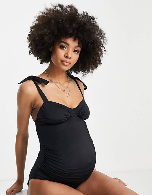 ASOS DESIGN Maternity tie shoulder ruched bust swimsuit in black