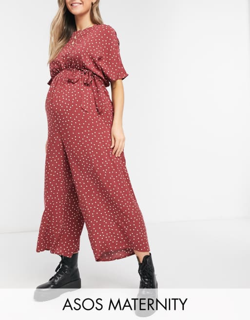 ASOS DESIGN maternity tie waist jumpsuit in burgandy spot print