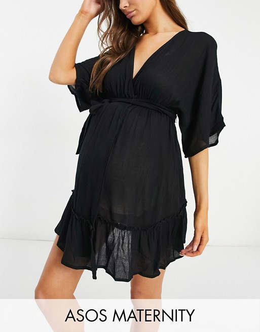 ASOS DESIGN maternity tiered crinkle beach cover up in black