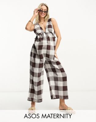 ASOS DESIGN Maternity tiered crinkle frill jumpsuit in brown gingham