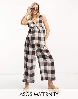 Asos Maternity Asos Design Maternity Tiered Crinkle Frill Jumpsuit In Brown Gingham
