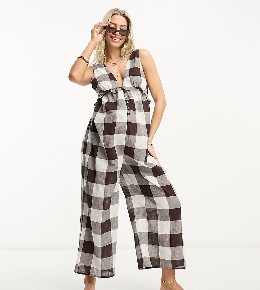 ASOS DESIGN Maternity tiered crinkle frill jumpsuit in brown gingham