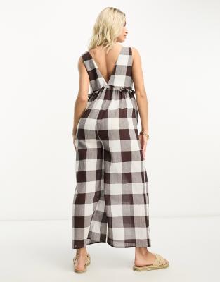 ASOS DESIGN Maternity tiered crinkle frill jumpsuit in brown