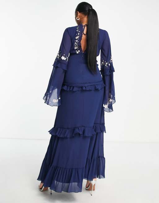 ASOS DESIGN Maternity tiered floral embroidered maxi dress with raw edge in  navy | ASOS