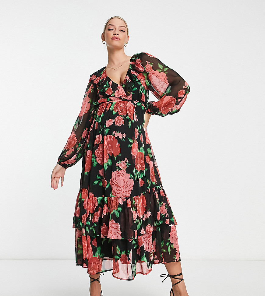 ASOS DESIGN Maternity tiered maxi dress with frills in red floral print-Multi