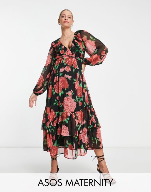 ASOS DESIGN Maternity tiered maxi dress with frills in red floral print ...