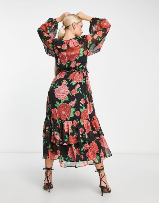 Asos design wrap maxi dress with frills in red floral print sale