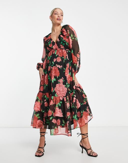 Asos design wrap maxi dress with frills in red floral print sale