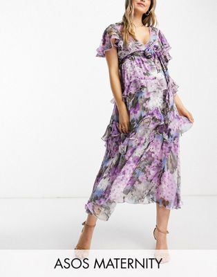 ASOS DESIGN Maternity tiered midi dress with lace insert and open back in lilac large floral print-Purple