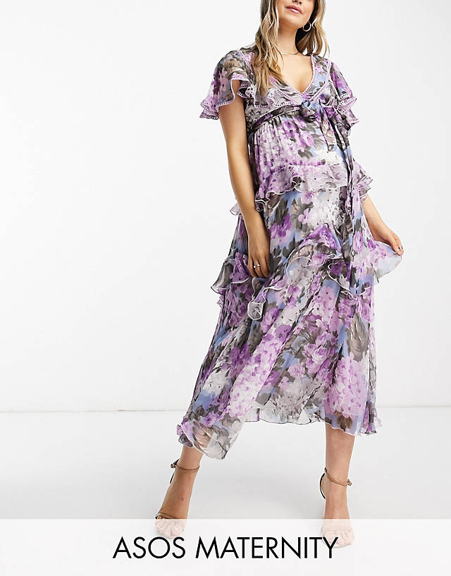 ASOS Maternity - ASOS DESIGN Maternity tiered midi dress with lace insert and open back in lilac large floral print