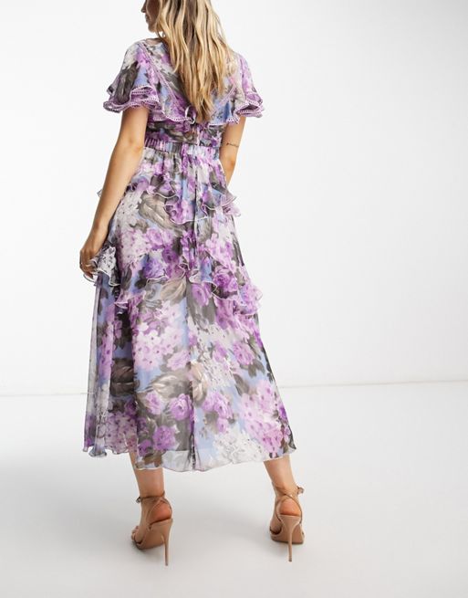 ASOS DESIGN Maternity tiered midi dress with lace insert and open back in  lilac large floral print