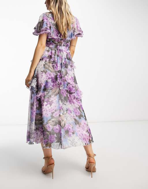 ASOS DESIGN Maternity tiered midi dress with lace insert and open back in  lilac large floral print