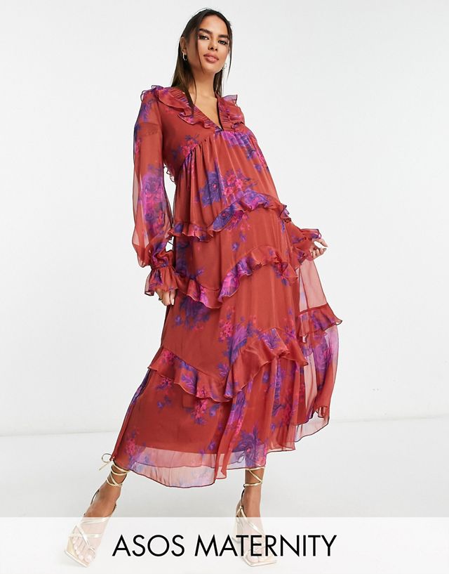 ASOS DESIGN Maternity tiered ruffle midi dress with elastic waist and lace up back detail in floral print in red