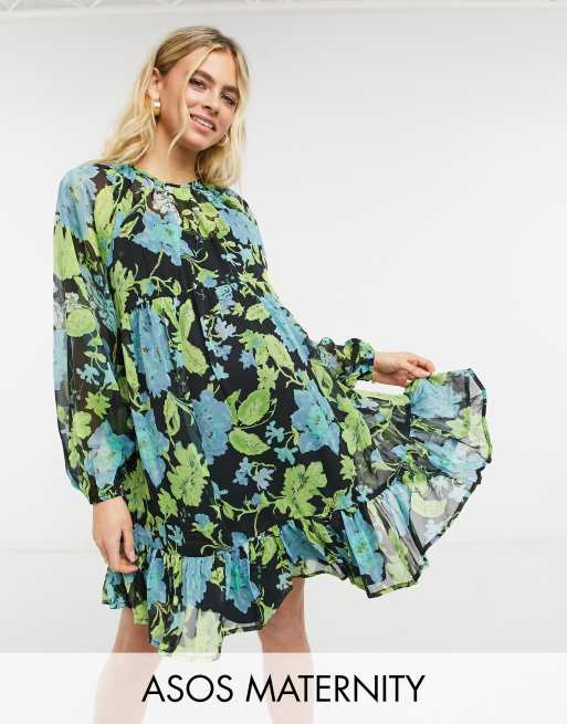 ASOS DESIGN Maternity tiered smock mini dress in dark based floral