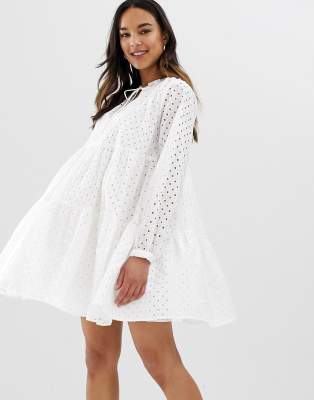 asos design tiered trapeze mini dress in broderie