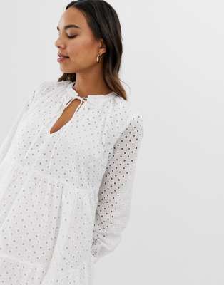 tiered trapeze mini dress in broderie