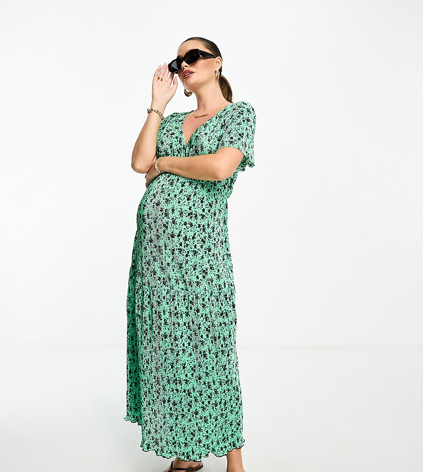 Asos Maternity Asos Design Maternity Tiered Wrap Front Midi Plisse Dress In Green And Black Ditsy-multi