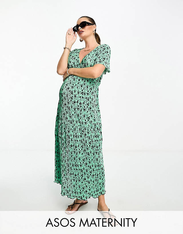 ASOS Maternity - ASOS DESIGN Maternity tiered wrap front midi plisse dress in green and black ditsy
