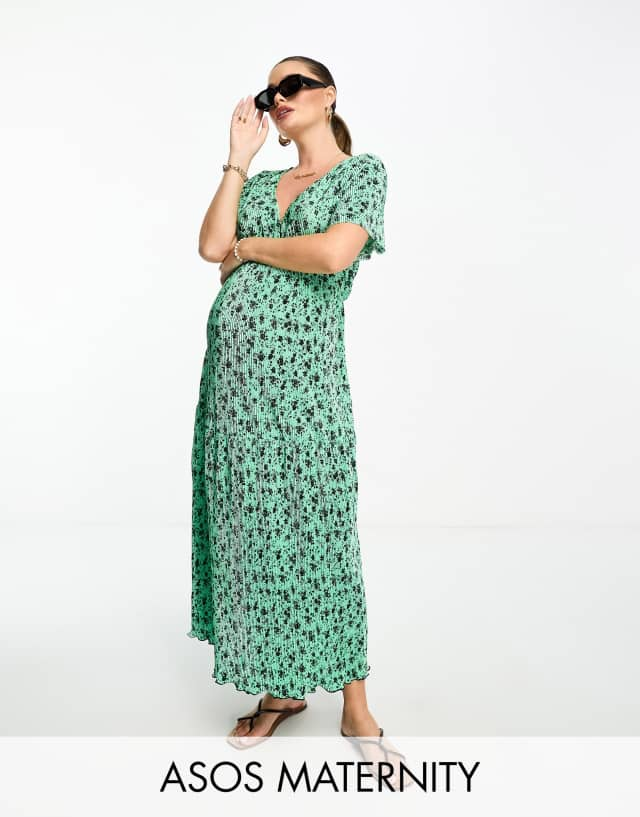 ASOS DESIGN Maternity tiered wrap front midi plisse dress in green and black ditsy