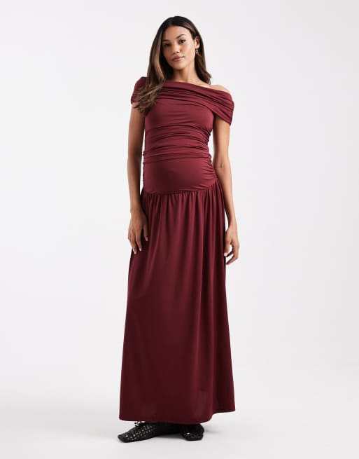 ASOS DESIGN Maternity - Top arricciato color bordeaux con scollo alla Bardot in coordinato, 2 di 4