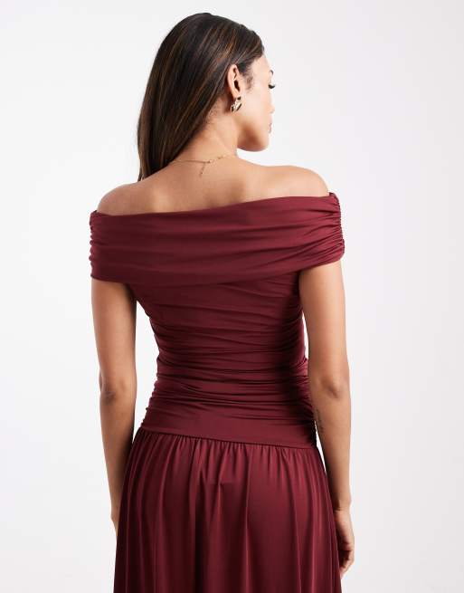 ASOS DESIGN Maternity - Top arricciato color bordeaux con scollo alla Bardot in coordinato, 3 di 4