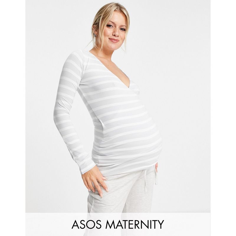 Top edgti DESIGN Maternity - Top avvolgente per l'allattamento a maniche lunghe a righe grigio e bianco