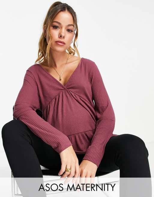 ASOS DESIGN Maternity - Top grembiule a maniche lunghe color melanzana a coste