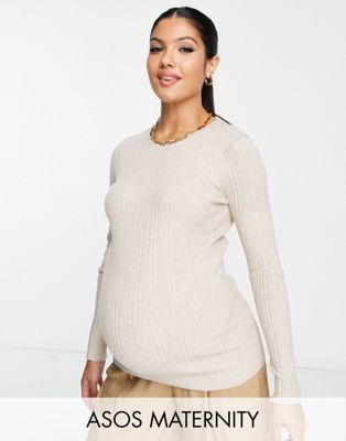 ASOS DESIGN Maternity crew neck rib knitted top in oatmeal - ASOS Price Checker