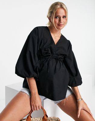 Tops DESIGN Maternity - Top kimono en coton noué à la taille - Noir