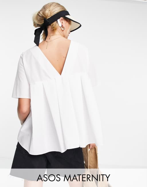 ASOS DESIGN Maternity - Top manches courtes en coton avec dos plissé - Bleu marine
