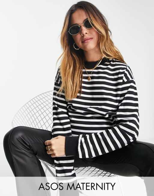 ASOS DESIGN Maternity - Top med tætsiddende ærmekanter og sorte og hvide striber