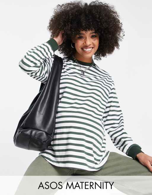ASOS DESIGN Maternity - Top met mouwboorden in wit en kaki strepen