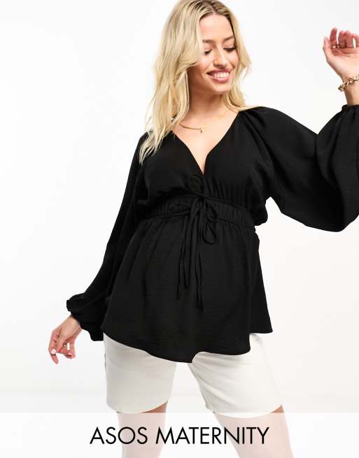 ASOS DESIGN Maternity - Top met V-hals, lange kimonomouwen en gestrikte voorkant in zwart