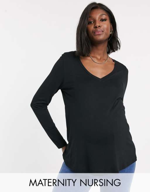 ASOS DESIGN Maternity - Top per allattamento a maniche lunghe con scollo a V nero