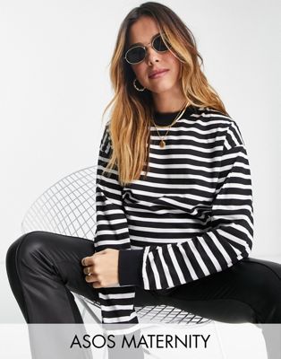 ASOS DESIGN Maternity top with cuff detail in stripe black & white